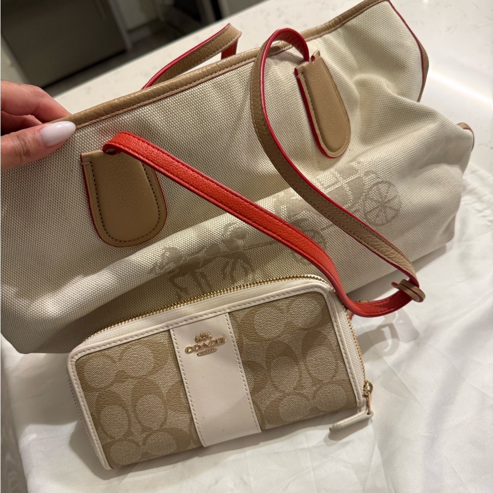 Coach Tan and Coral Tote Bag Set